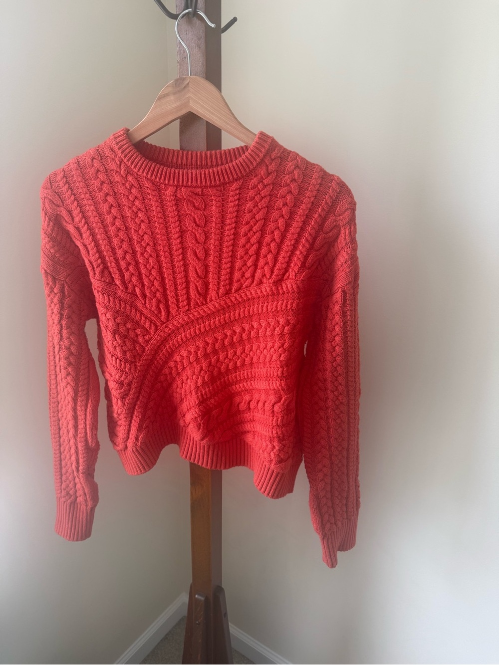 Monrow Coral Cable-Knit Crewneck Sweater